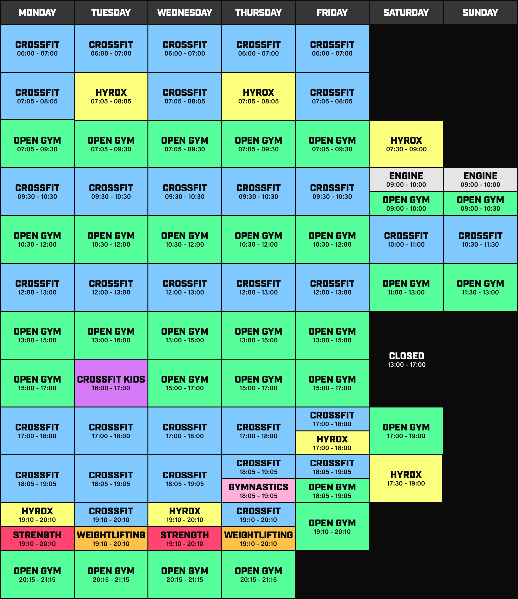 CrossFit Leeds' weekly opening times and gym schedule