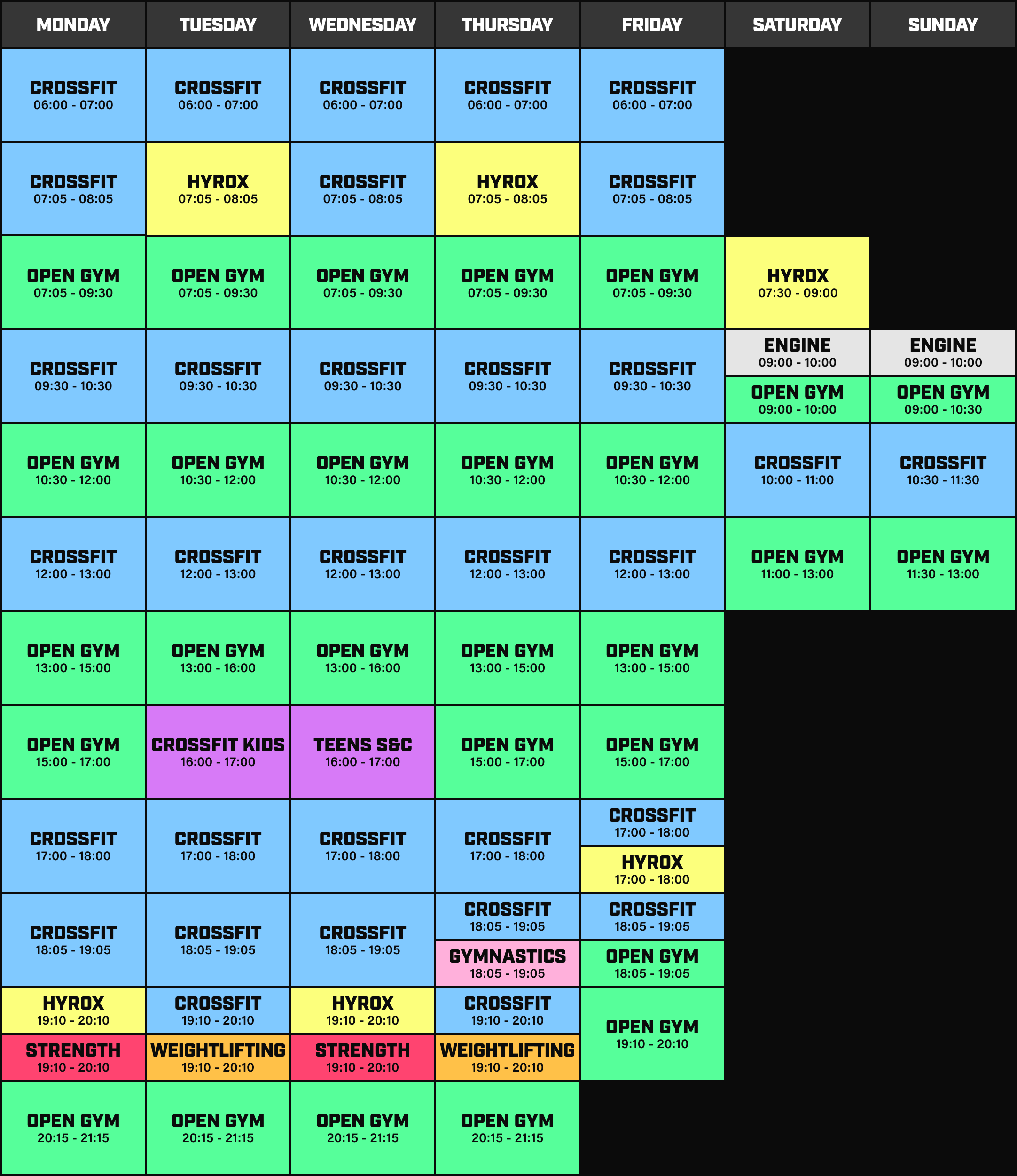 CrossFit Leeds' weekly opening times and gym schedule