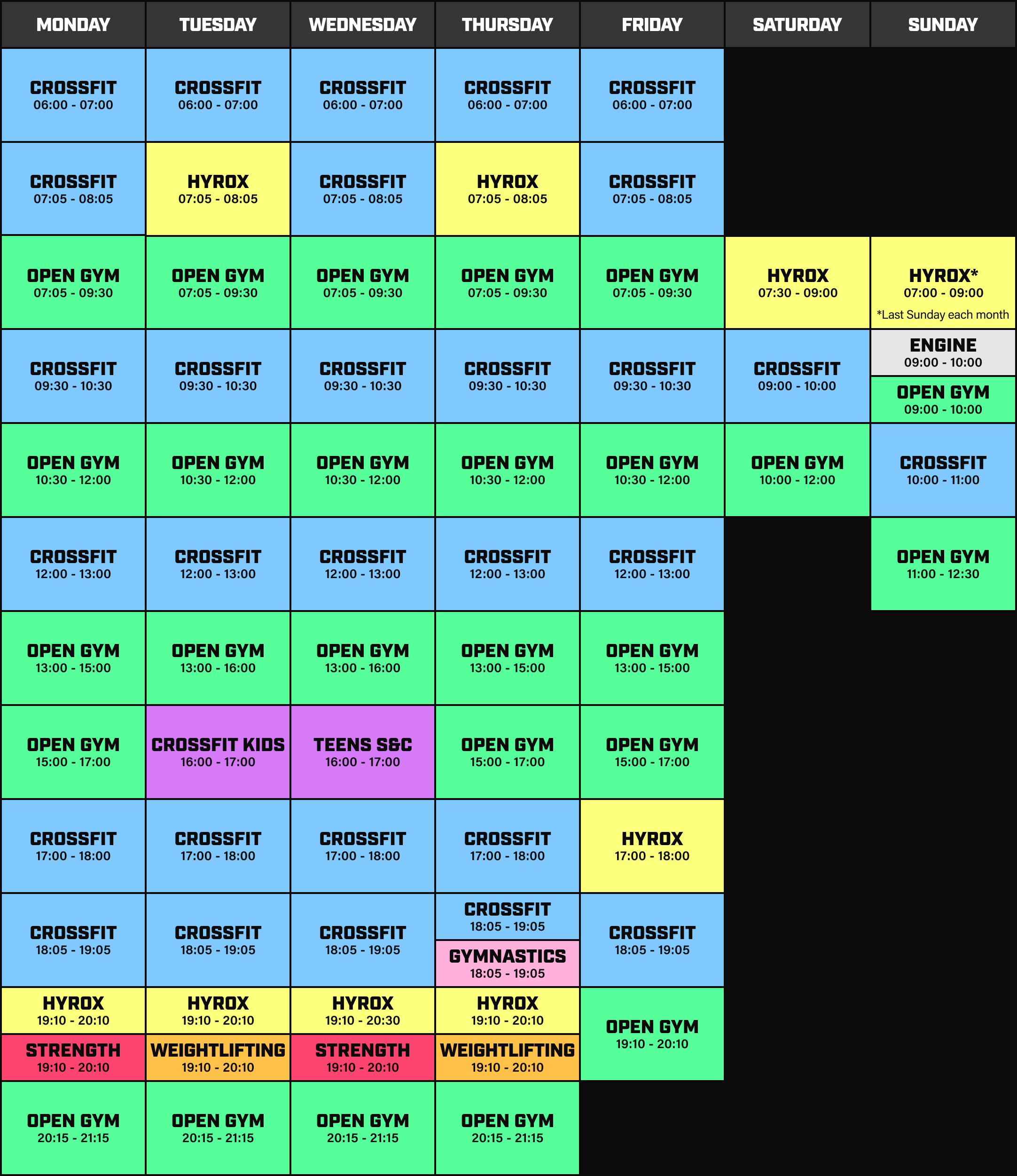 CrossFit Leeds' weekly opening times and gym schedule
